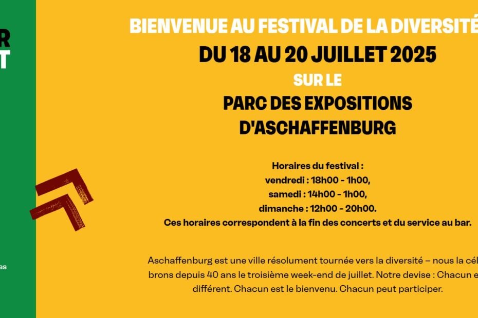 Dates de préparation et d'évaluation Fête de la diversité 2026. 17.07 - 19.07.2026 Inscrivez-vous: https://www.fest-fuer-vielfalt.de/de/